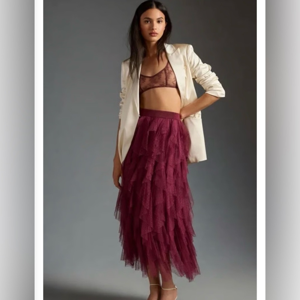 NWT Anthropologie Cheri Ruffled Tulle Midi Skirt in Wine
